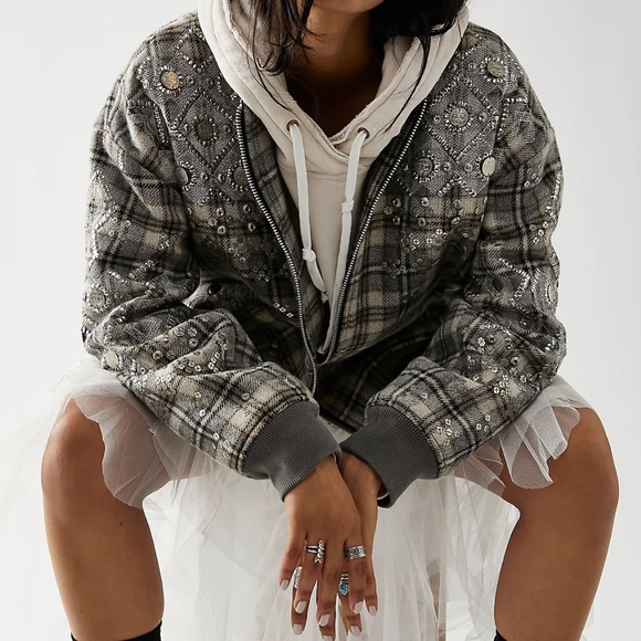 NWOT FP Free People Louie Grey Plaid Embellished Bomber Jacket - Picture 3 of 10
